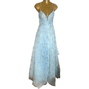 Lucci Lu Powder Blue 3D Floral Prom Dress A Line Ball Gown Formal Size 0